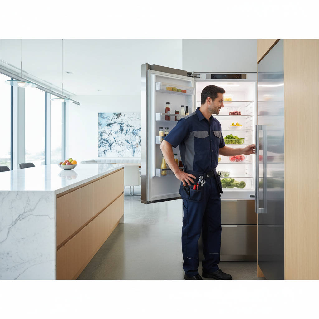 Professional appliance repair technician inspecting a built-in refrigerator
